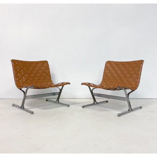 Paar vintage loungestoelen in cognac leer van Ross Littell voor ICF, Italië 1970