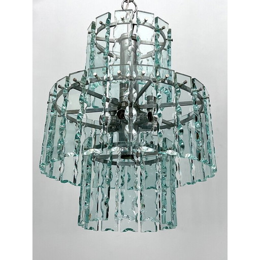 Vintage Italiaanse Fontana Arte kroonluchter van glas en messing voor Zero Quattro, 1970