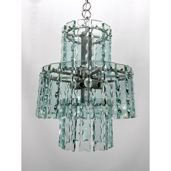 Image 1 of Vintage Italiaanse Fontana Arte kroonluchter van glas en messing voor Zero Quattro, 1970