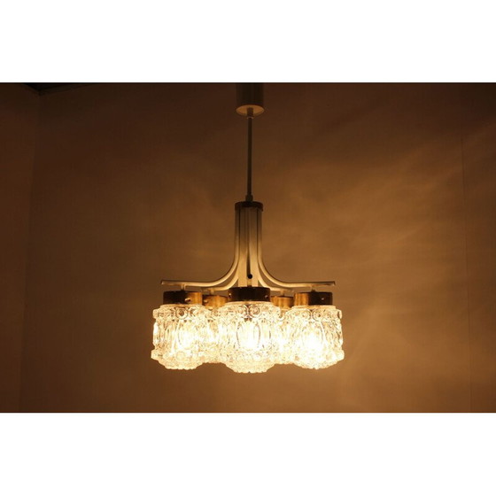 Image 1 of Vintage kroonluchter van glas en messing van Kamenický Šenov, Tsjecho-Slowakije 1970