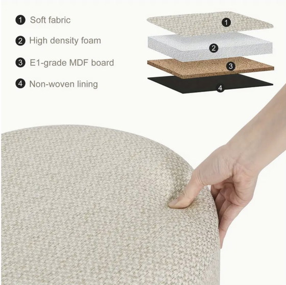 Image 1 of Ronde Linnen Gestoffeerde Kruk Met Opbergruimte, Beige Voetsteun Met Massief Houten Poten