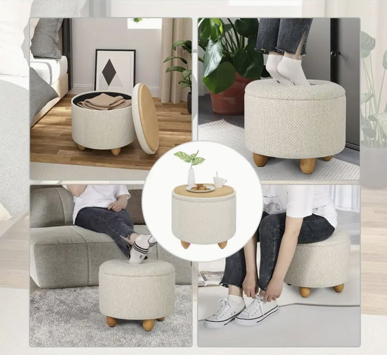 Image 1 of Ronde Linnen Gestoffeerde Kruk Met Opbergruimte, Beige Voetsteun Met Massief Houten Poten