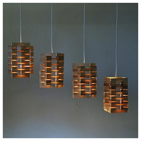 Image 1 of Paar vintage 7716 hanglampen in grenenhout van Høvik Lys, Noorwegen 1970