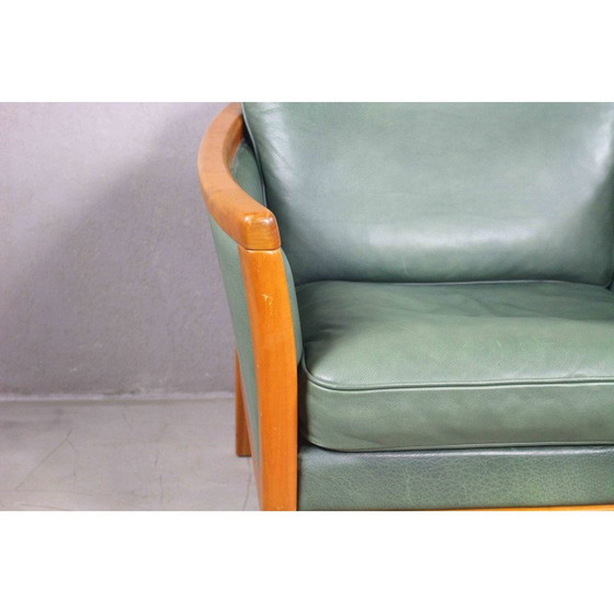 Image 1 of Paar vintage fauteuils van groen leer en massief kersenhout, Denemarken 1970
