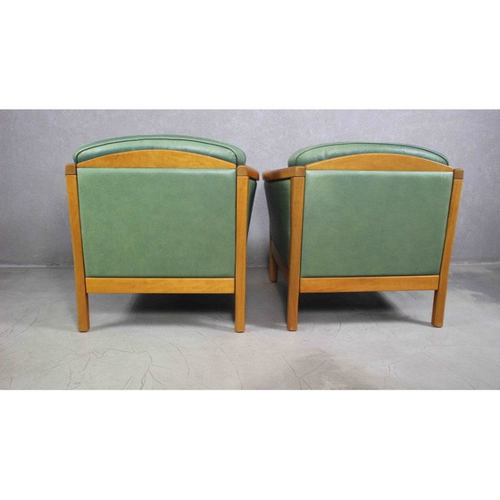 Image 1 of Paar vintage fauteuils van groen leer en massief kersenhout, Denemarken 1970