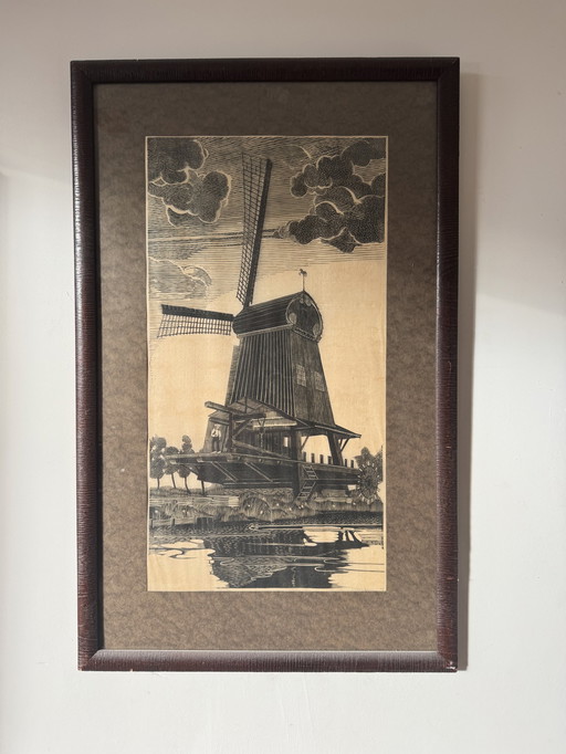 Houtsnede Van Een Molen Van J. Veringa