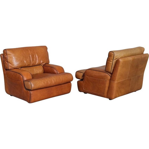 Paar vintage leren fauteuils, Frankrijk 1970