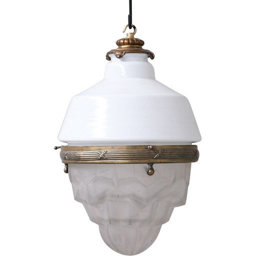 Vintage glazen en messing hanglamp, Frankrijk 1920