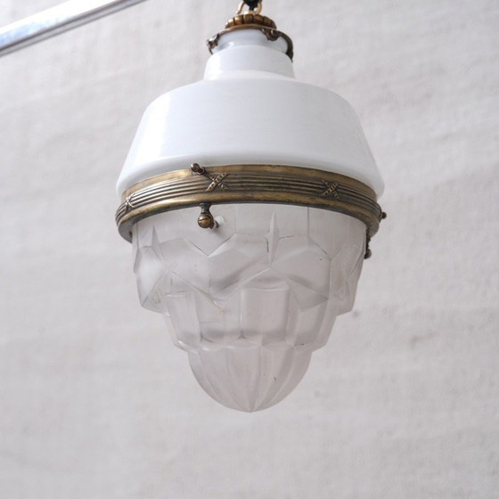 Image 1 of Vintage glazen en messing hanglamp, Frankrijk 1920