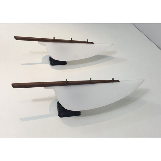 Image 1 of Paar vintage witte plastic en houten wandlampen, 1970