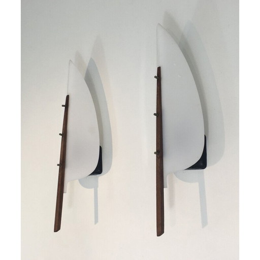 Paar vintage witte plastic en houten wandlampen, 1970