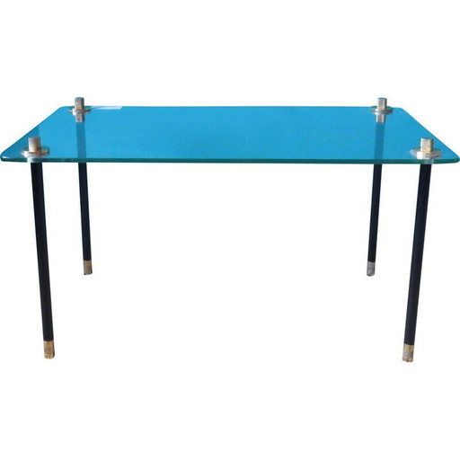 Set van 2 modernistische vintage tafels van glas en metaal, jaren 1950