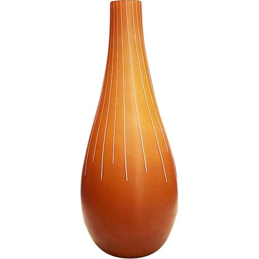 Vintage amberkleurige vaas versierd met witte stralen en een rode door Salviati Murano Francesco lucchese, 2005