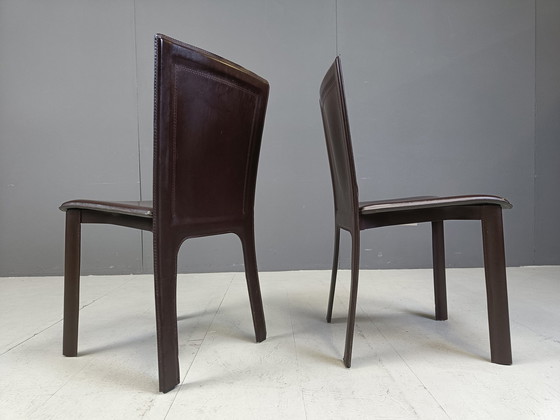 Image 1 of Vintage bruin leren eetkamerstoelen, set van 6, 1980S