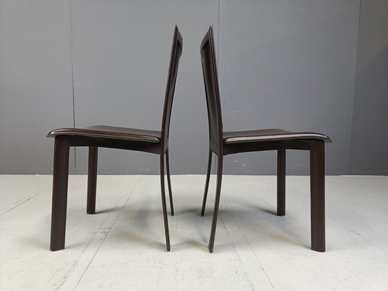 Image 1 of Vintage bruin leren eetkamerstoelen, set van 6, 1980S