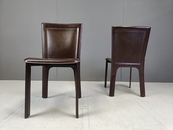 Image 1 of Vintage bruin leren eetkamerstoelen, set van 6, 1980S