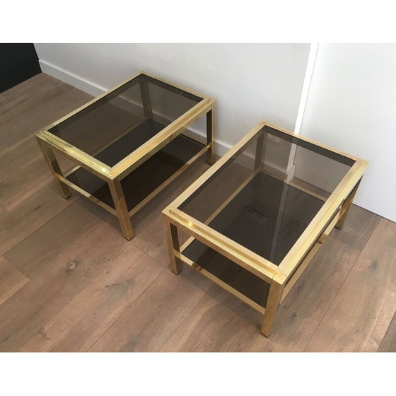 Image 1 of Paar vintage messing en glazen bankeinden, 1970