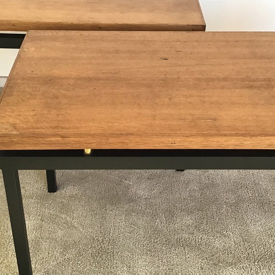 Image 1 of Paar vintage tafels in licht eiken en messing van Jacques Whittier voor Tubauto, 1950