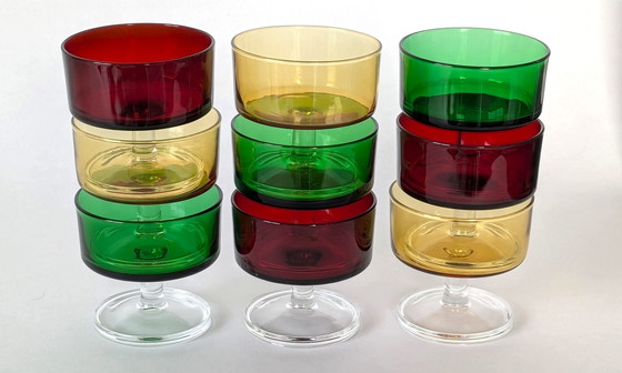 Image 1 of 9 Vintage Luminarc Cavalier Coupes –In Drie Kleuren (Rood, Amber, Groen)