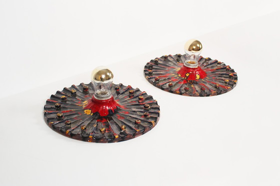 Image 1 of 2X Vintage Brutalistische Keramische Discus Wandlampen, Duitsland 1960'S