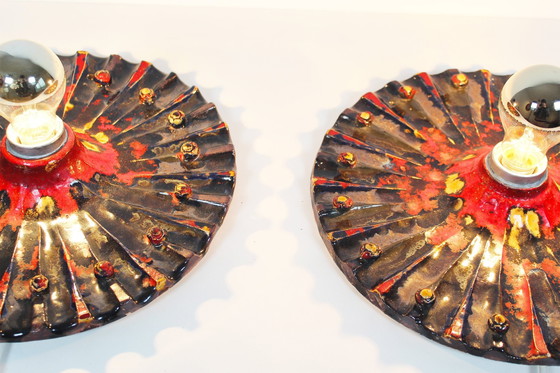 Image 1 of 2X Vintage Brutalistische Keramische Discus Wandlampen, Duitsland 1960'S