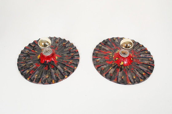Image 1 of 2X Vintage Brutalistische Keramische Discus Wandlampen, Duitsland 1960'S