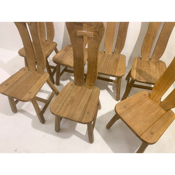 Image 1 of Set van 7 mid-century brutalistische stoelen in massief eikenhout van De Puydt, België 1970