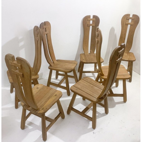 Image 1 of Set van 7 mid-century brutalistische stoelen in massief eikenhout van De Puydt, België 1970
