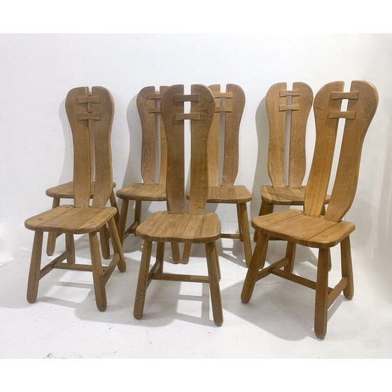 Image 1 of Set van 7 mid-century brutalistische stoelen in massief eikenhout van De Puydt, België 1970