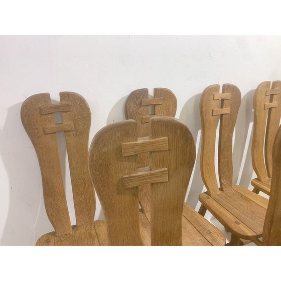 Image 1 of Set van 7 mid-century brutalistische stoelen in massief eikenhout van De Puydt, België 1970