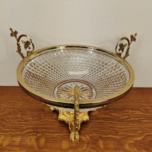 Grote Vintage Rococo Kristal En Messing Hollywood Regency Schaal, Fruitschaal