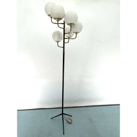 Image 1 of Vintage messing en opaline glazen 6-armige vloerlamp voor Stilnovo, Italië 1950