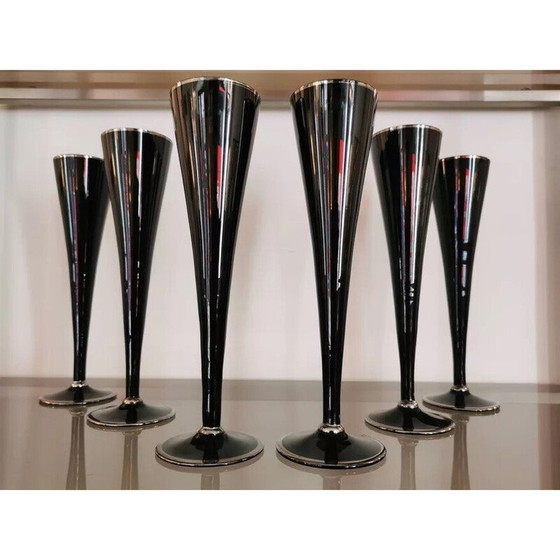 Image 1 of Set van 6 vintage zwart en zilveren glazen champagneflutes