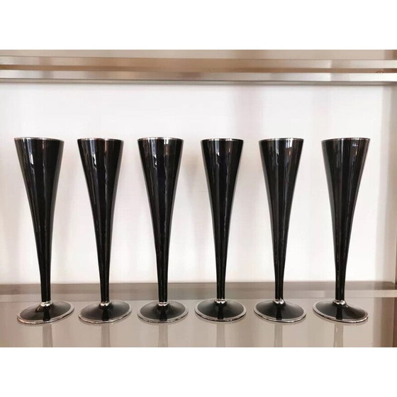 Image 1 of Set van 6 vintage zwart en zilveren glazen champagneflutes