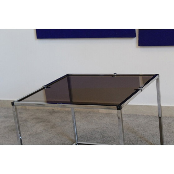 Image 1 of Vintage bijzettafel van verchroomd metaal en rookglas, Italië 1970