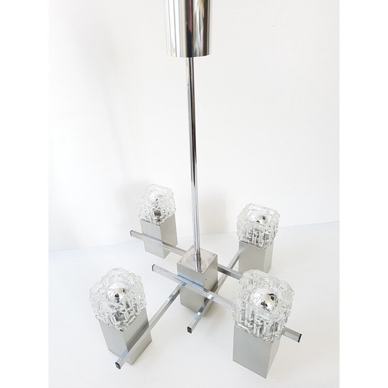 Image 1 of Plafondlamp kroonluchter van glas en staal - jaren 1970