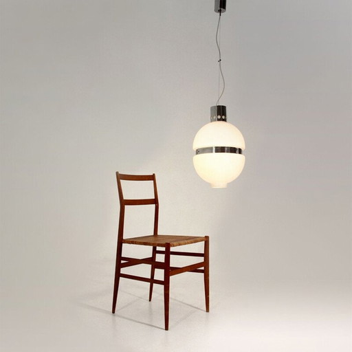 Vintage wit glazen en chromen metalen hanglamp, Italië 1960