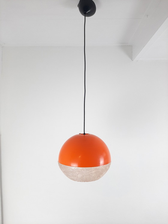 Image 1 of Vintage Jaren 70 Hanglamp, Kunststof Oranje Bol Hanglamp 