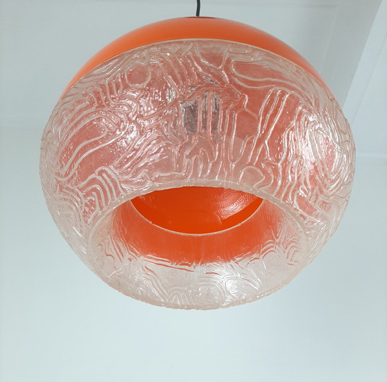 Image 1 of Vintage Jaren 70 Hanglamp, Kunststof Oranje Bol Hanglamp 