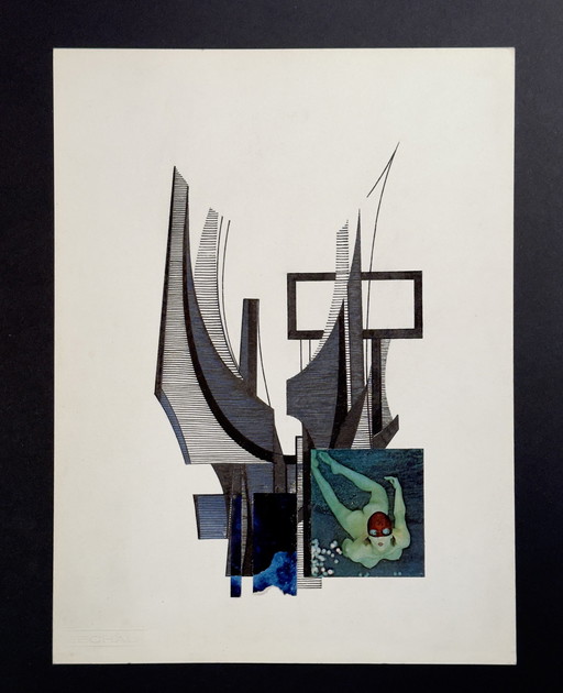 Abstract kunstwerk met element van collage - Eugene Eechaut (1928-2019)