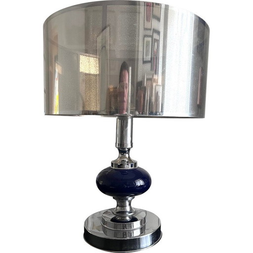 Vintage lamp in chroom metaal en blauwe lak voor Maison le Dauphin, 1970