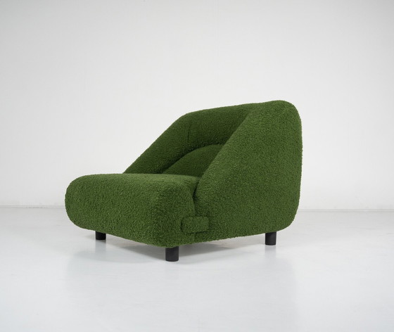 Image 1 of Hedendaags paar fauteuils met voetenbank, groene bekleding, Italië