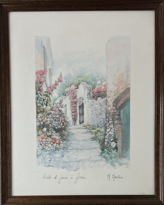 Image 1 of Originele Gesigneerde Prent Van M. Marten - 'Vicolo Di Paese In Fiore'