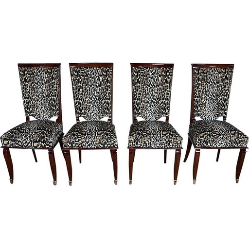 Set van 4 vintage stoelen van massief beukenhout en luipaardprint, jaren 1960