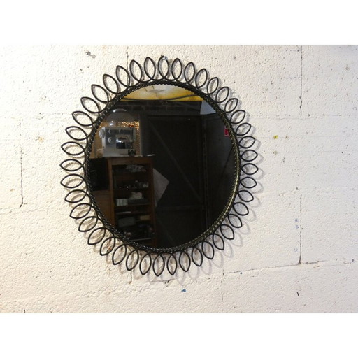 Vintage zwart gelakte metalen ronde spiegel, 1950