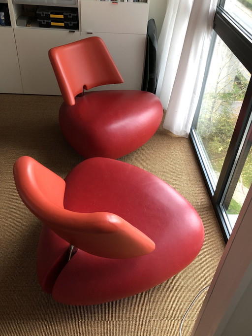 2X Leolux Pallone Fauteuil Rood En Oranje