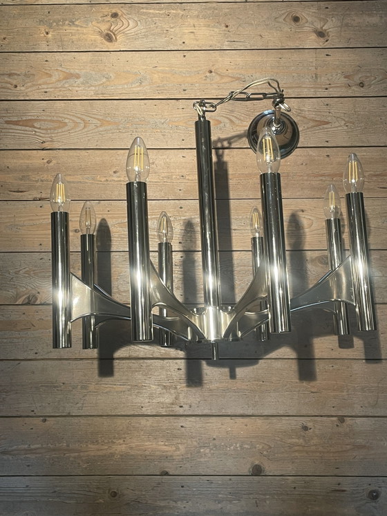 Image 1 of Vintage Design Hanging Lamp Designed By Gaetano Sciolari. Large Model Chandelier With 8 Light Points.