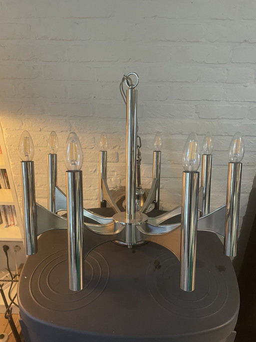 Vintage Design Hanging Lamp Designed By Gaetano Sciolari. Large Model Chandelier With 8 Light Points.