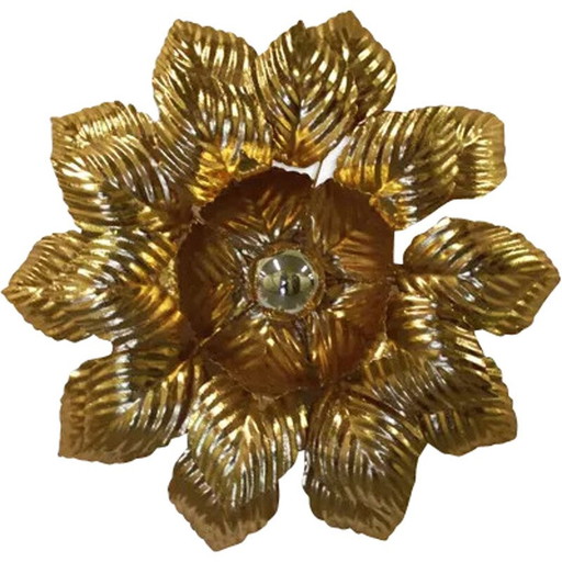 Vintage wandlamp met bloemen in verguld metaal van Masca, Italië 1970