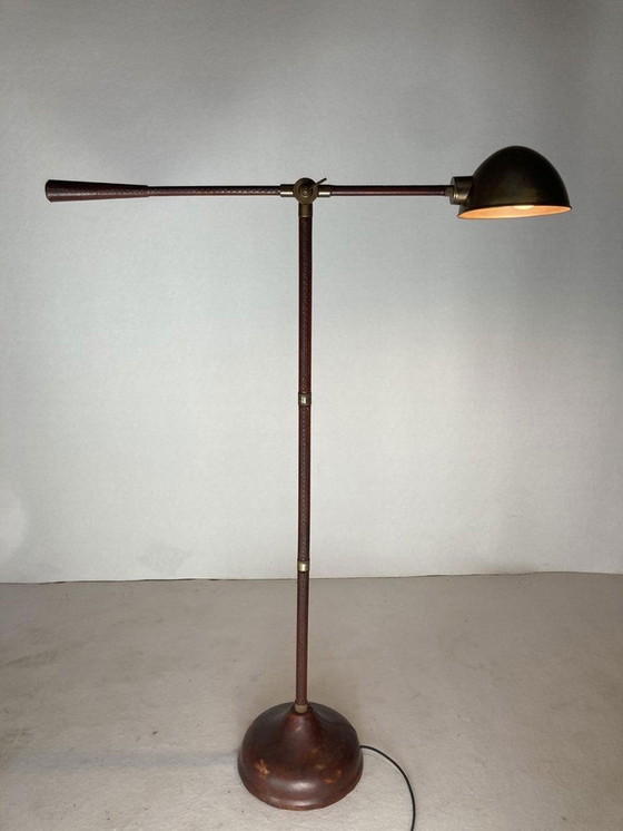 Image 1 of Met leer omwikkelde en gestikte vloerlamp van Jacques Adnet, 1970S